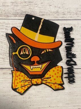 Vintage Halloween Luhrs Diecut Embossed Black Cat Top Hat Monocle Bowtie